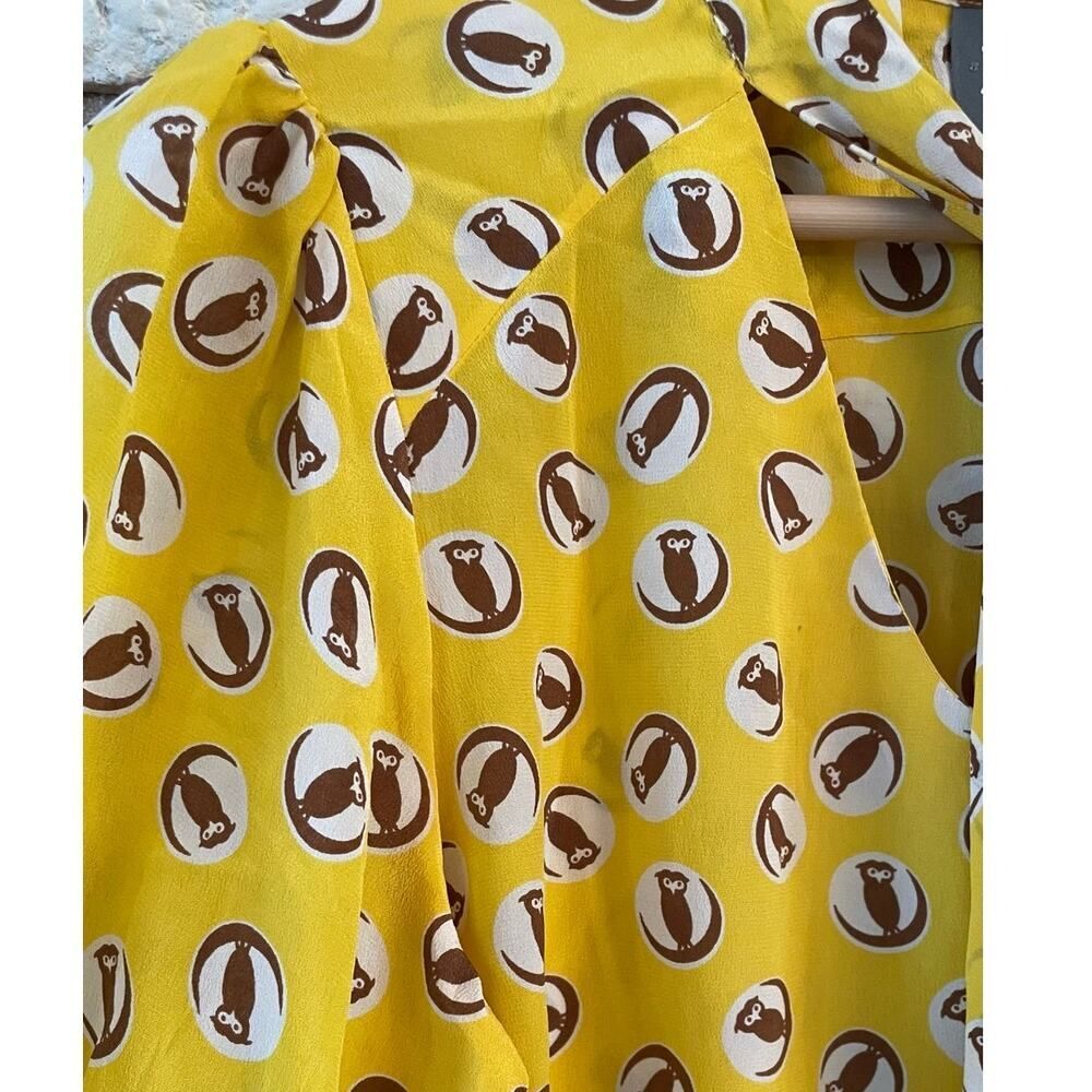 Anthropologie Girls From Savoy Lemon‎ Liftoff Owl Print Silk Blouse Sz 6P - Picture 5 of 8